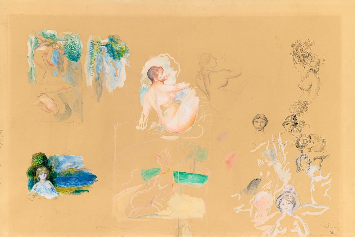 A beige canvas featuring multiple incomplete and overlapping sketches and paintings of women, some nude, with soft, pastel colors and delicate lines, alongside small landscapes and faces in various poses and expressions.