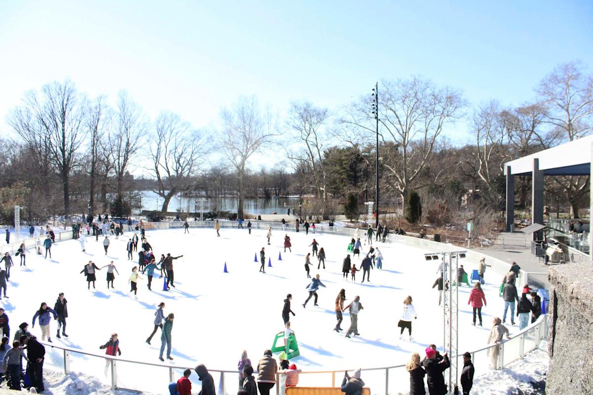 A bustling outdoor ice skating rink filled with people skating on a sunny winter day. The scene is surrounded by bare trees and a clear blue sky in the background. A building is visible to the right.