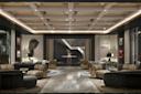 Luxurious hotel lobby with modern decor, marble floors, patterned rugs, contemporary furniture, geometric ceiling, and abstract wall art. Double doors at the back open to a staircase with gold railings.