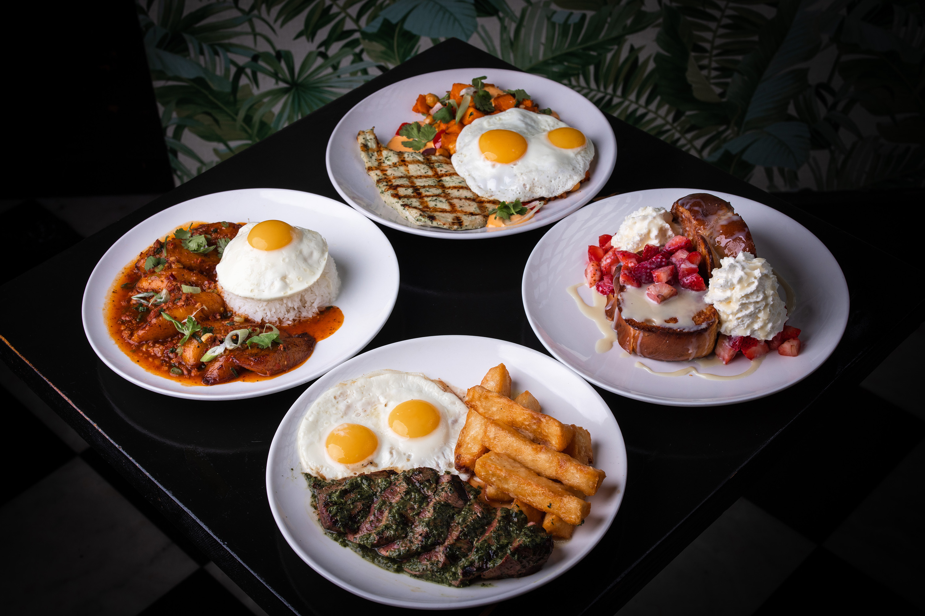 Brunch at Calle Dao: Steak & Eggs, french toast, and Chorizo, and garbanzo hash.  Cuban Chinese restaurant in Chinatown, Manhattan