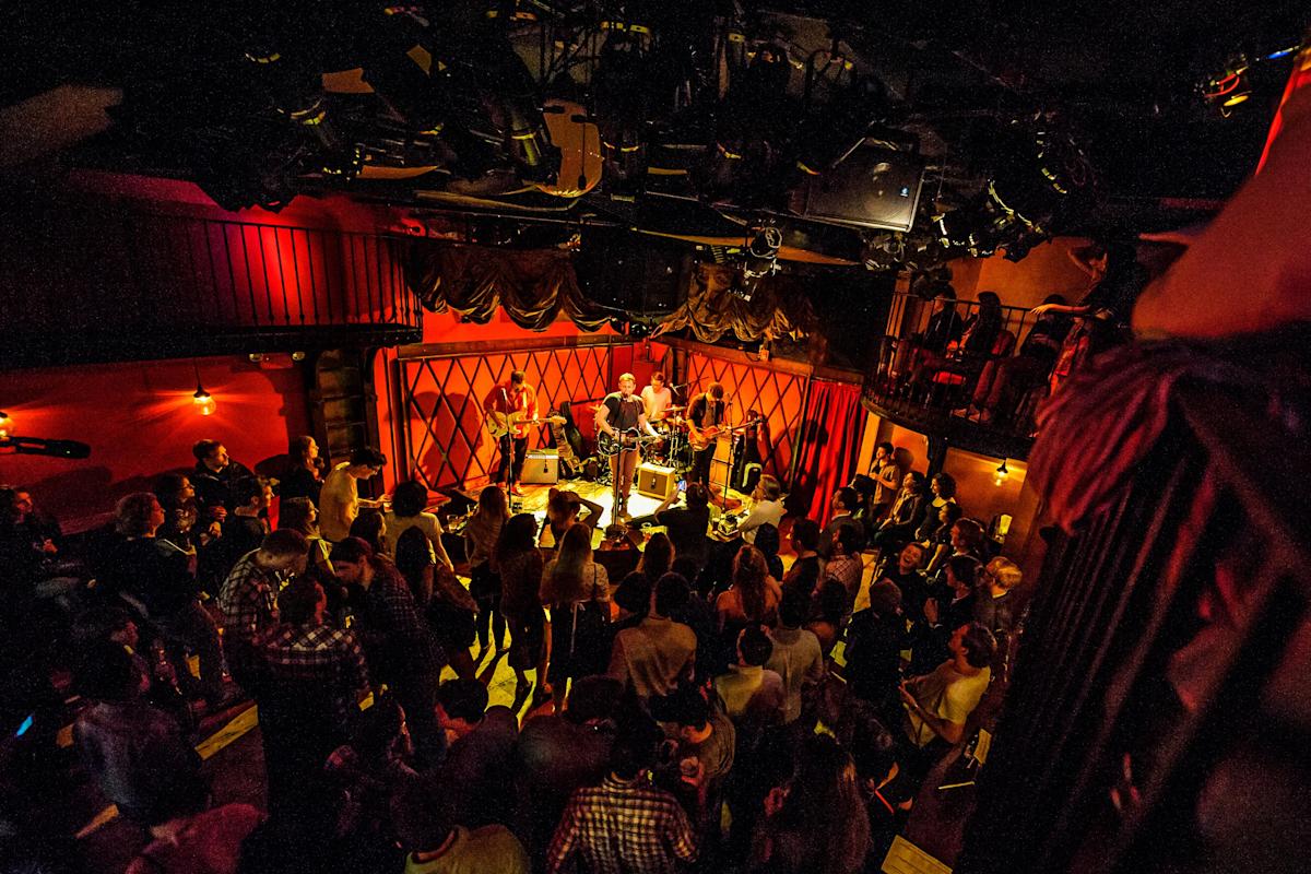 Band playing to public inside Rockwood Music Hall in Lower East Side, NYC