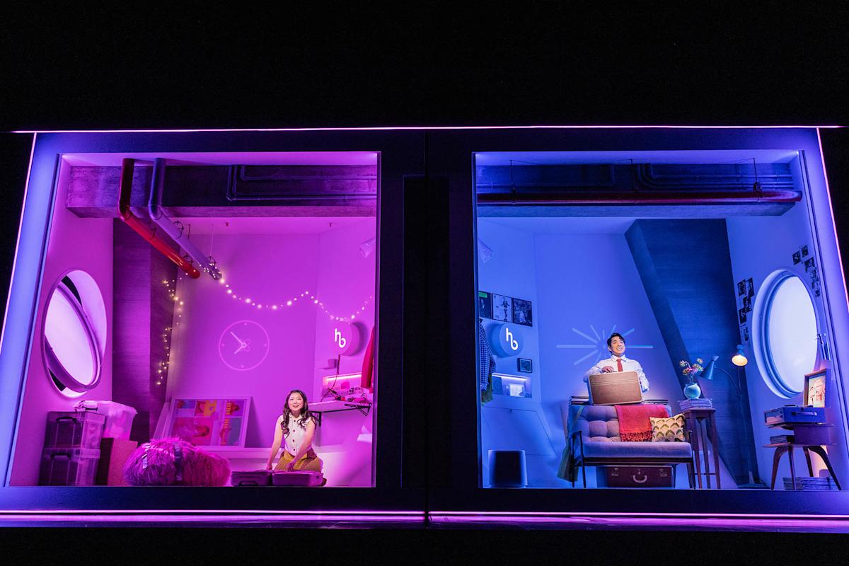 Two separate, colorfully lit rooms side by side: a girl sits on the floor of a pink room, while a boy sits on a bunk bed in a blue room, both surrounded by modern decor and round windows.