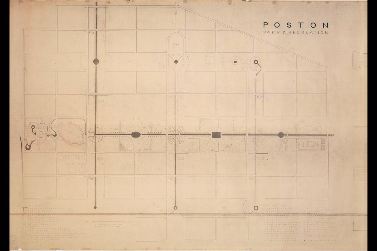"Poston Park and Recreation Areas at Poston, Arizona" (1942) by Isamu Noguchi. Blueprint. 42 3/8 x 88 inches. &copy; The Isamu Noguchi Foundation and Garden Museum, New York/ARS. Photograph by Kevin Noble.