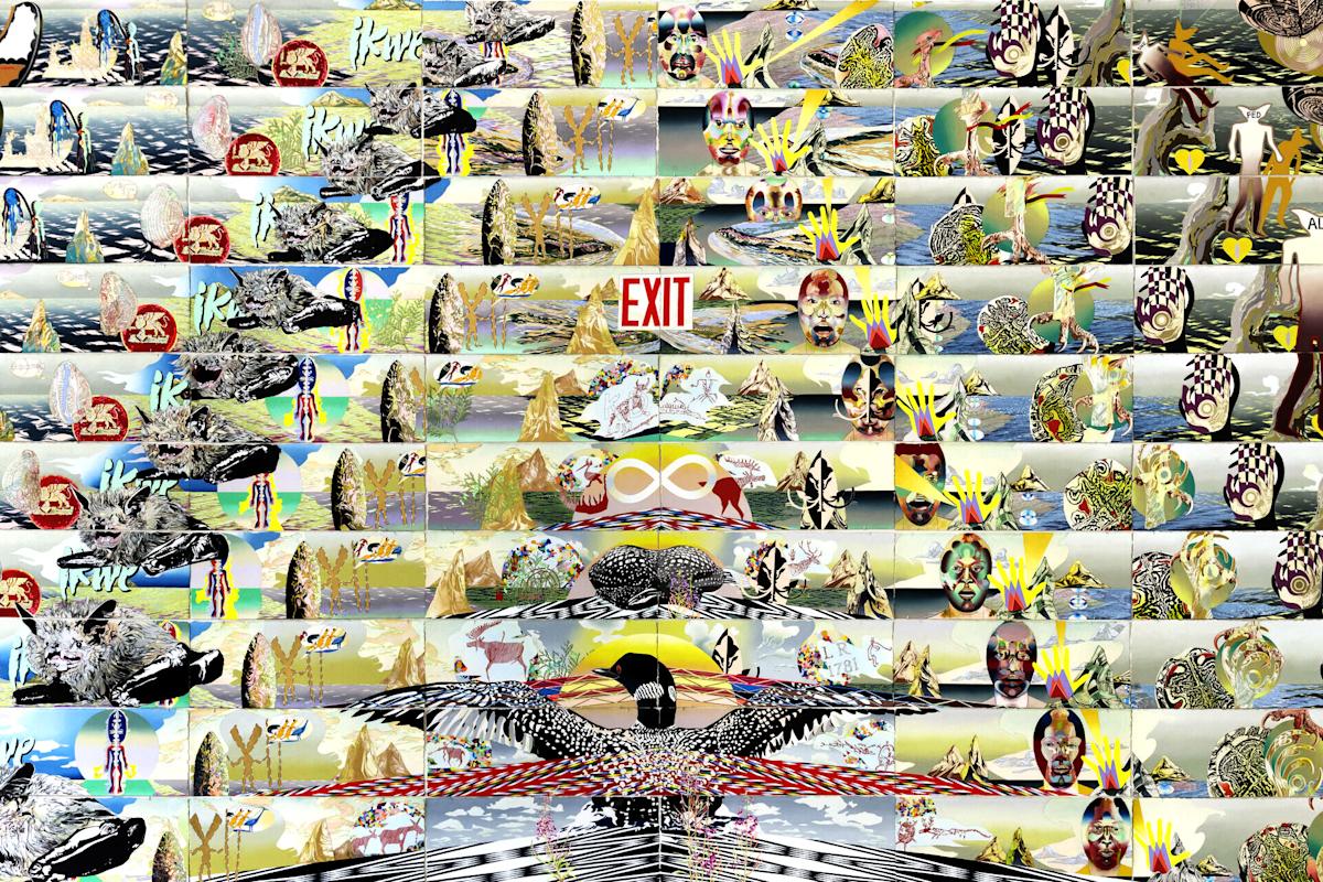 Andrea Carlson, Red Exit, 2020. Oil, watercolor, opaque watercolor, ink, acrylic, colored pencil, ball- point pen, fiber-tipped pen, and graphite pencil on paper, sixty sheets, 115 &times; 183 in. (292.1 &times; 464.8 cm) overall. Collection of the a