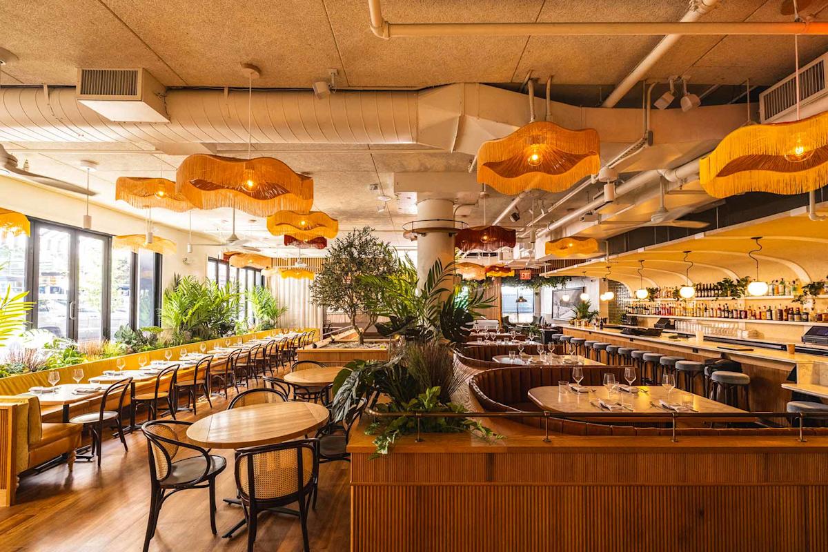 A modern restaurant interior with wooden floors, yellow cushioned seating, round tables, and curved booths. Unique wavy pendant lights hang from the ceiling, and lush green plants decorate the space, giving it a warm, inviting feel.