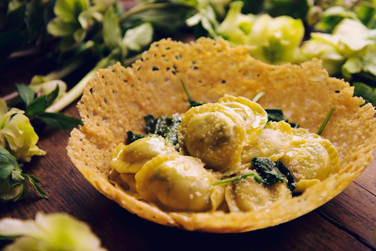 ricotta and baby spinach ravioli in a crispy parmigiano reggiano basket at Giovanni Rana Pastificio &amp; Cucina
