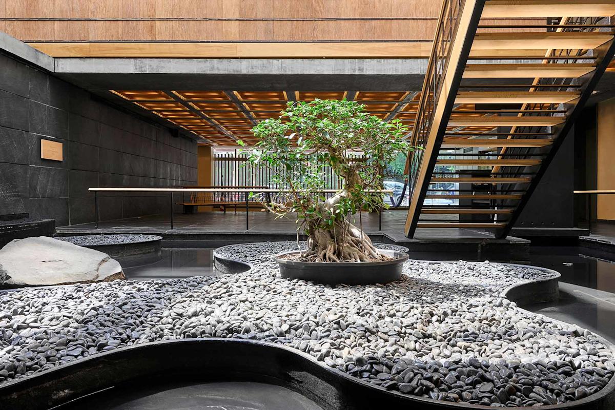 A modern indoor space featuring a bonsai tree in a planter, surrounded by smooth gray pebbles and shallow black water pools, with a floating staircase and wooden ceiling above.