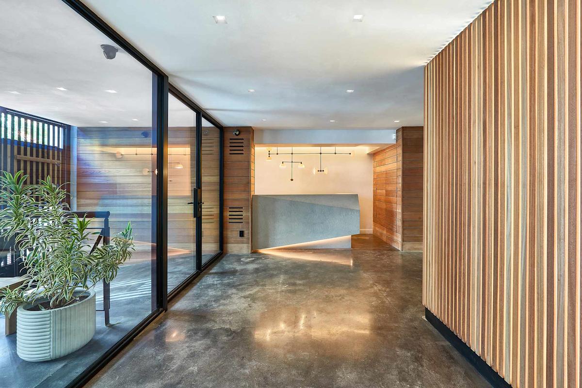 A modern office lobby with polished concrete floors, wooden slat walls, glass partitions, a large potted plant, and a geometric reception desk under contemporary lighting.
