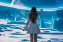 A woman in a white dress stands with her back to the camera, reaching out to a futuristic, blue-lit landscape with floating sparkles and abstract shapes, resembling an icy or otherworldly environment.