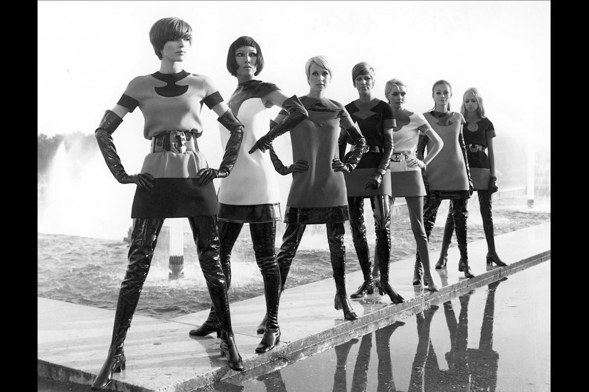 Pierre Cardin two-tone piece jersey dresses, with vinyl waders, 1969. Photo: Yoshi Takata. &copy; Pierre Pelegry