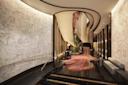 A luxurious hotel lobby with curved walls decorated with artistic map-like patterns, black marble floors, a colorful swirling carpet, lush greenery, and a dramatic staircase leading upward.