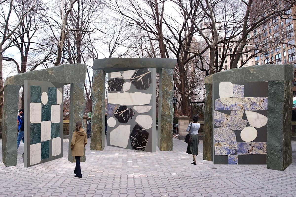 Concept rendering of Sam Moyer: Doors for Doris, on view starting September, 2020 at Doris C. Freedman Plaza, Central Park. Courtesy, Sam Moyer Studio