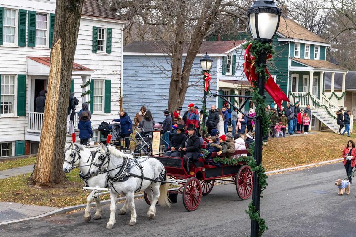 A horse-drawn carriage with people rides down a street lined with historic houses. Spectators in winter clothing watch, and lampposts are decorated with garlands and bows. A small dog walks at the bottom right.