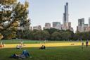 People relax and lounge on a large grassy field in Central Park with tall city skyscrapers and trees in the background on a sunny day.