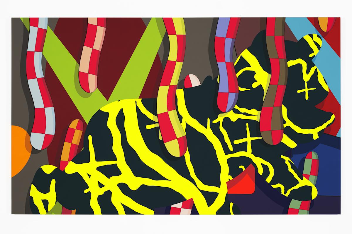 KAWS (American, born 1974). FAR FAR DOWN, 2016. Acrylic on canvas, 72 &times; 120 in. (182.9 &times; 304.8 cm). &copy; KAWS. (Photo: Farzad Owrang)