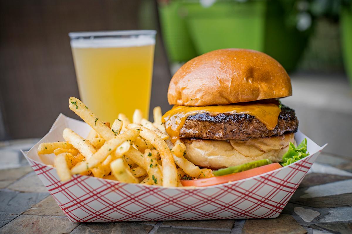 Burger and fries at The Frying Pan in Midtown West, NYC