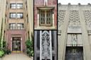Collage of architectural details: Left shows a brick apartment entrance with greenery. Center includes ornate ironwork on a door. Right has an Art Deco facade of the Hebrew Tabernacle in Washington Heights with intricate patterns.