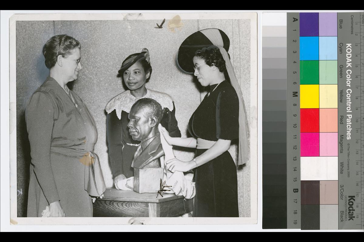 Unidentified Photographer, Augusta Savage with Ernestine Rose, Roberta Bosley Hubert, and her sculpture "James Weldon Johnson," 1939 Schomburg Center for Research in Black Culture, NYPL, Photographs and Prints Division, Augusta Savage Portr