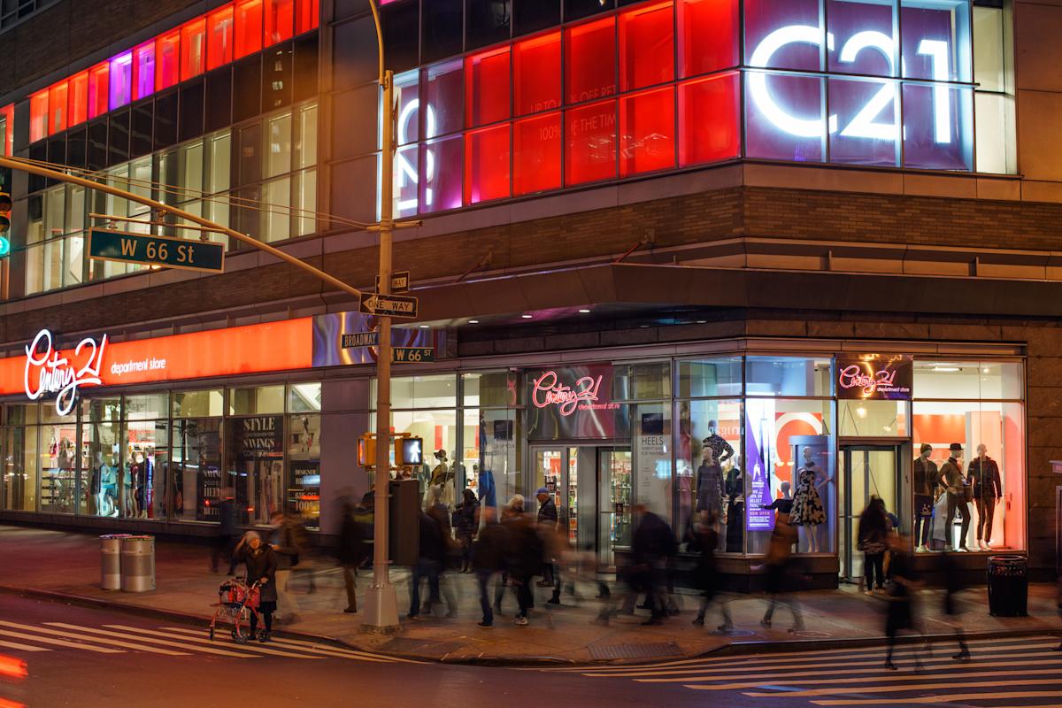 Exterior of Century 21 Upper West Side near Lincoln Center at night