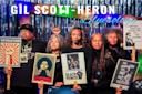 A group of five people stands holding protest signs with messages like "Revolution," "Black Power," and "The Revolution Will Not Be Televised." The background has shiny streamers, and text reads "Gil Scott-Heron Bluesology.