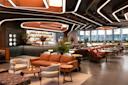 Modern hotel lobby with stylish seating, contemporary lighting design on the ceiling, a bar with a well-stocked backlit shelf, and large windows letting in natural light. The decor features wood accents, plants, and vibrant flowers.