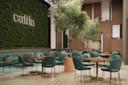 Modern cafe interior featuring a green wall with the sign "cafita," teal upholstered chairs, and wooden tables. Potted trees add a natural touch to the open, airy space with light marble flooring and neutral curtains.