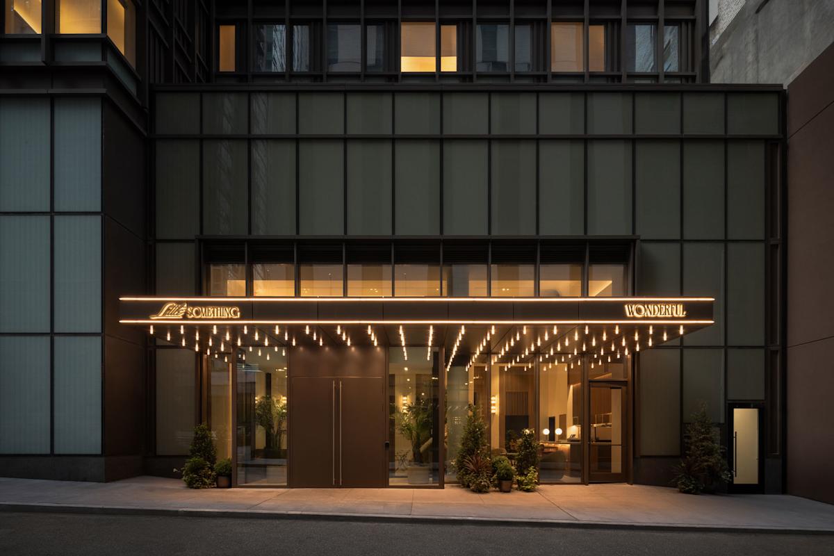 A modern hotel entrance with glass double doors, a canopy with string lights, potted plants, and signage reading “SCHERING” and “WONDERFUL” above the entrance.