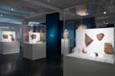 Museum exhibit featuring ancient artifacts displayed in glass cases. The room is well-lit, with sculptures and carvings prominently showcased on pedestals. Walls are painted in dark and light blue, enhancing the visibility of the exhibits.