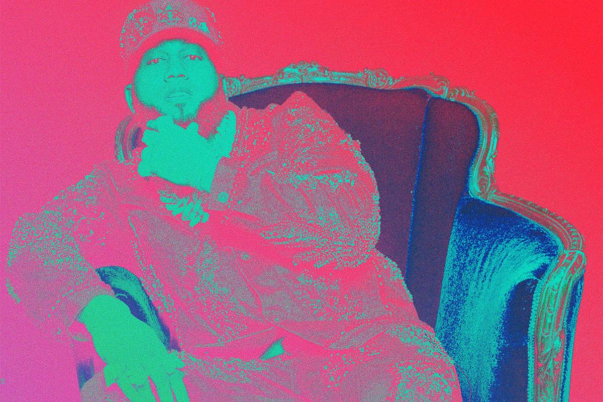 A person in vibrant, neon-colored attire sits on a vintage, ornate chair with a deep blue cushion, posing confidently against a red and pink gradient background.