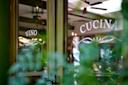 Frosted glass doors with "Vino" and "Cucina" printed on them, accented by decorative designs, open into a warmly lit interior with ceiling fans. Green plants partially obscure the view.