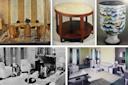 Collage of interior designs and furniture: an art deco dining room, a round wooden table, a vase with nautical designs, a black and white living room, and a modern lounging area with white sofas and green curtains.