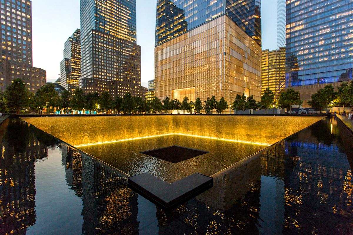 911 memorial at night