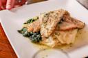 A plate of grilled fish fillets topped with herbs, served over mashed potatoes and sautéed spinach with a light sauce, on a white square plate.