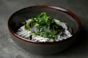 A bowl of food featuring sliced avocado, a drizzle of white sauce, and garnished with fresh cilantro. The dish is set on a grey surface, and the bowl has a dark, rustic appearance.