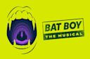 A stylized yellow-green poster for "Bat Boy: The Musical," featuring a large open mouth with sharp fangs, a bat silhouette inside, and bold text on the right side.