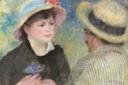 An impressionist painting of two people in straw hats facing each other; one holds purple flowers, wearing a black coat and white collar, while the other wears a striped shirt. The background is soft and colorful.