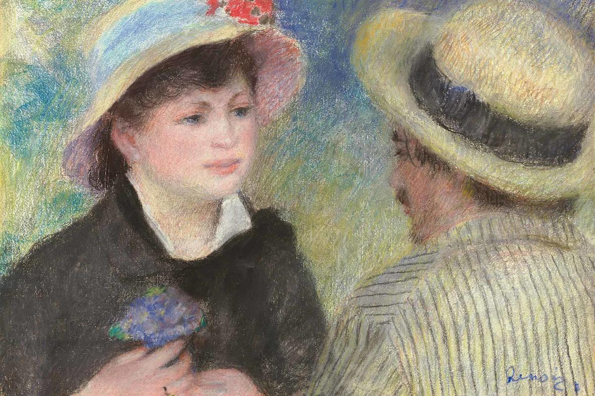 An impressionist painting of two people in straw hats facing each other; one holds purple flowers, wearing a black coat and white collar, while the other wears a striped shirt. The background is soft and colorful.