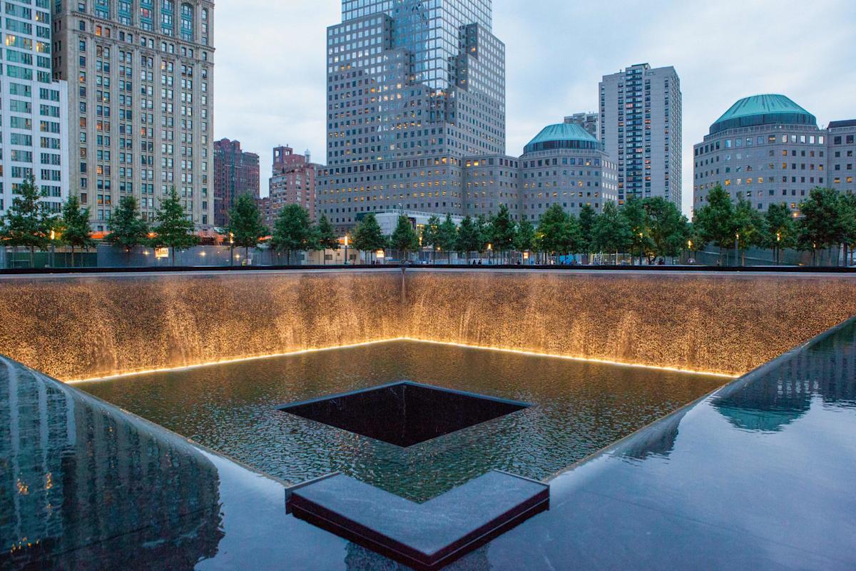 911 memorial at night