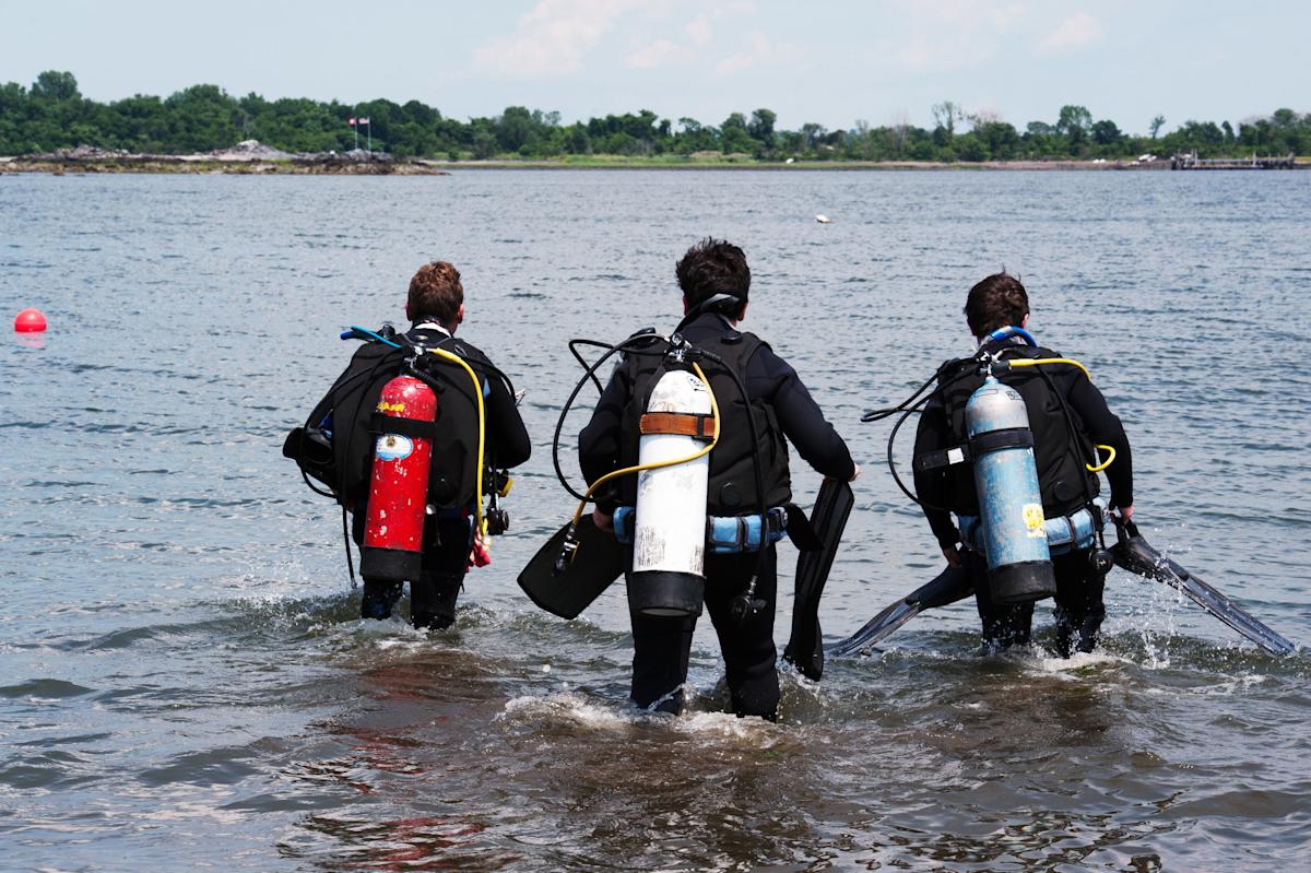 divers going into the water with Captain Mike&#039;s Diving Services in City Island