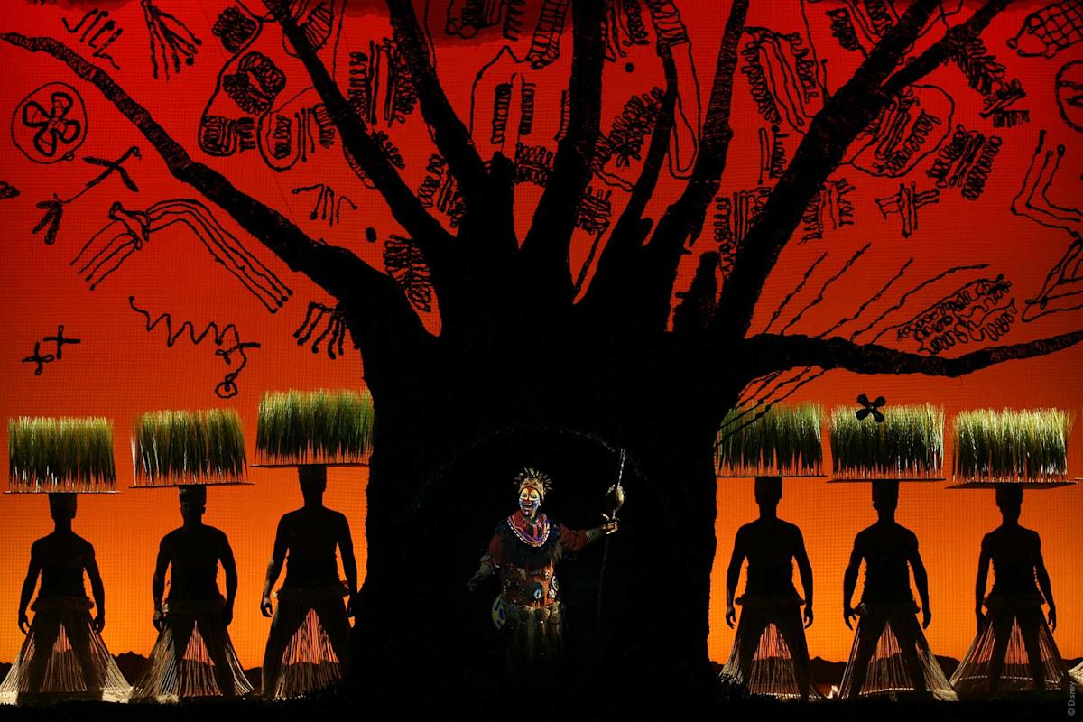 A performer in colorful costume stands center stage under a large tree silhouette, flanked by six dancers in grass skirts and headpieces, against a bright orange backdrop with tribal patterns.