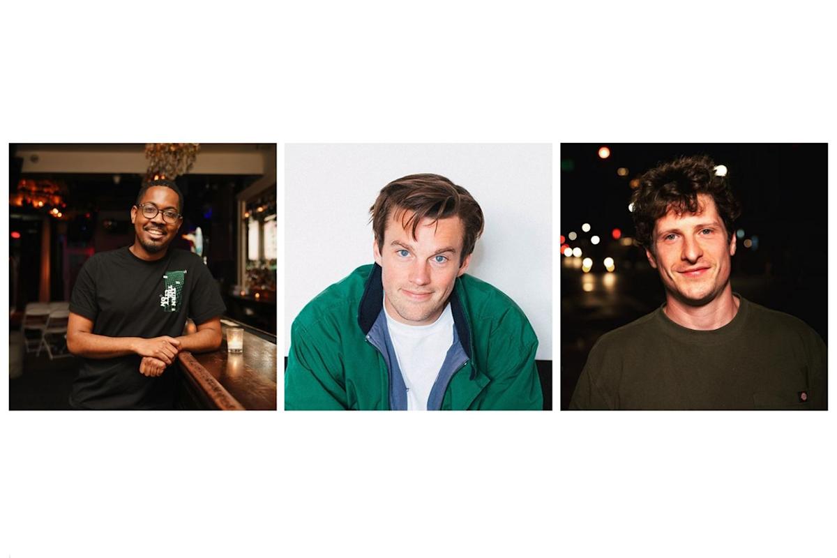 Three men are shown in separate images. The first is leaning on a bar, smiling. The second is against a white background, wearing a green jacket. The third is outside at night, with blurry city lights behind him.