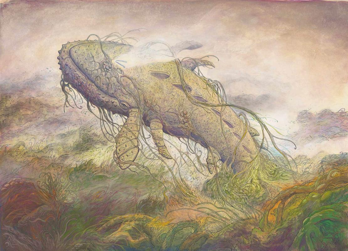 A large, fantastical whale covered in plant-like vines floats upward through a dreamy, pastel-colored landscape with swirling textures and abstract foliage.