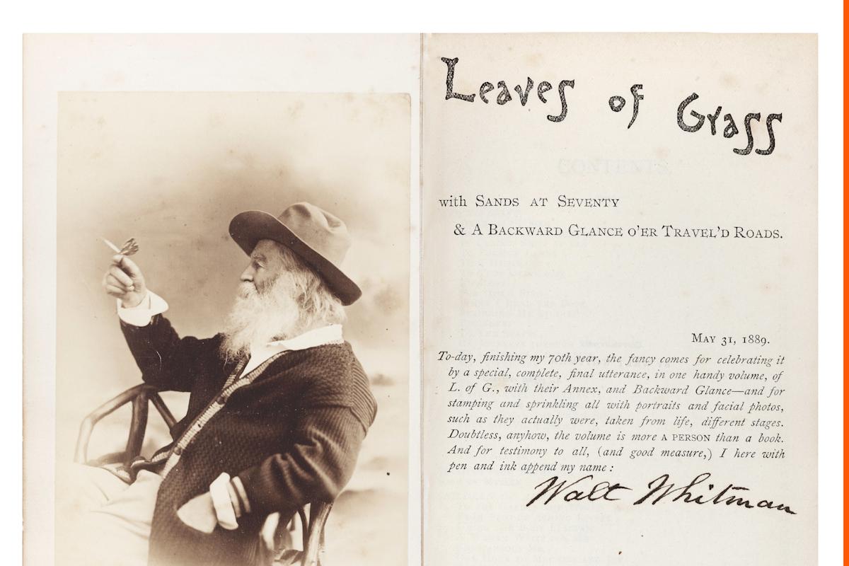 
Leaves of Grass. Philadelphia. Printed for the author by Ferguson Bros. &amp; Co., 1889. Seventh ediLon. Signed by Whitman on the Ltle page where he emphasizes that &ldquo;the volume is more A PERSON than a book.&rdquo; Known as the Birthday ediLon,