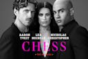 Three actors, Aaron Tveit, Lea Michele, and Nicholas Christopher, stand closely together against a grey background. Bold pink and white text reads "CHESS The Musical" along with their names.