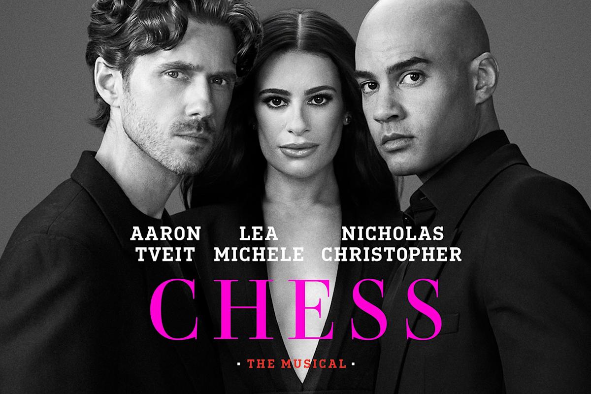 Three actors, Aaron Tveit, Lea Michele, and Nicholas Christopher, stand closely together against a grey background. Bold pink and white text reads "CHESS The Musical" along with their names.
