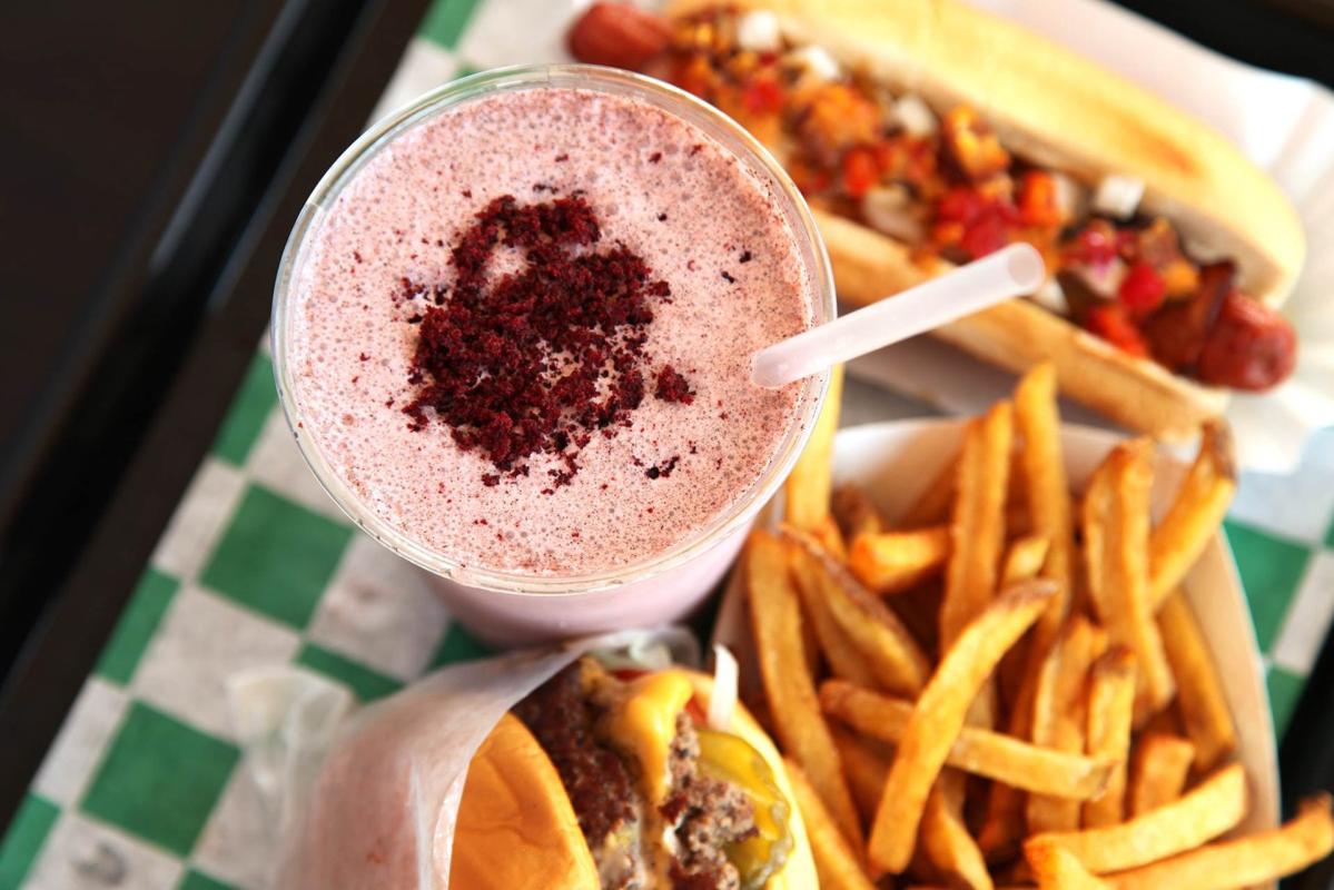 Hot Dog, milkshake, fries and burger  at Harlem Shake in NYC