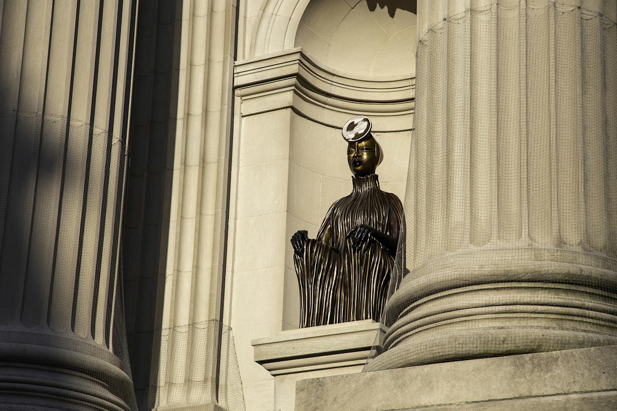 Installation view of The Seated II, 2019 for The Facade Commission: Wangechi Mutu, The NewOnes, will free Us, 2019. Courtesy of the Artist and Gladstone Gallery, New York and Brussels. The Metropolitan Museum of Art, Photo by Bruce Schwarz