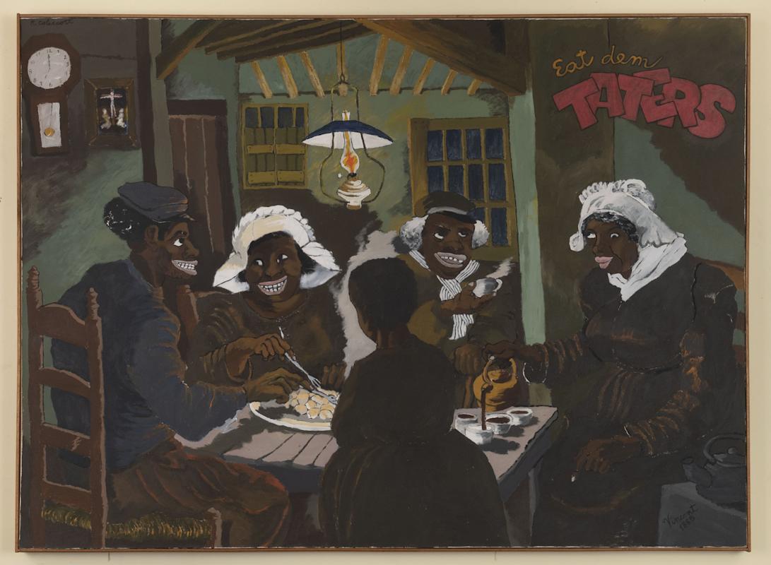 &nbsp;
Eat Dem Taters, 1975. Acrylic on Canvas, 59 x 79 in (149.9 x 200.7 cm). Collection Rosenblum Family. &copy; 2022 The Robert H. Colescott Separate Property Trust / Artists Rights Society (ARS), New York. Photo: Adam Reich.