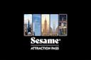 Five famous New York City skyscrapers shown in vertical panels above the words "Sesame Attraction Pass" on a black background.