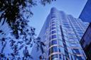 A modern glass skyscraper with a wavy architectural design, viewed from a low angle. The building reflects the blue sky and neighboring structures. Tree branches frame the image in the foreground.